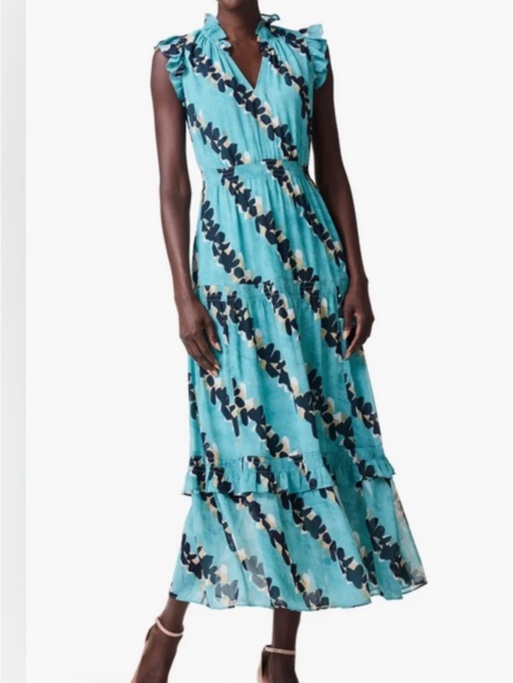 NIC+ZOE Rolling Reef Ruffle Trim Maxi Dress in Aqua Multi Size Medium
